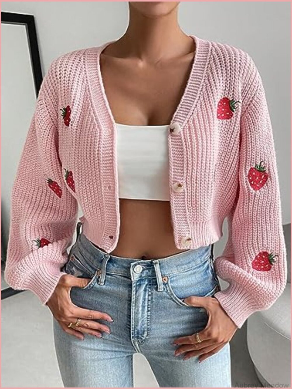 Strawberry Embroidery Crop Cardigan V Neck Button Front Drop Shoulder - Picture 5 of 7